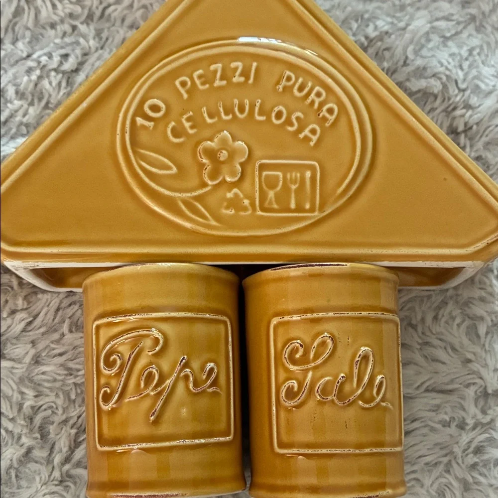 Sur La Table Ochre Ceramic Napkin Holder and Shaker Set